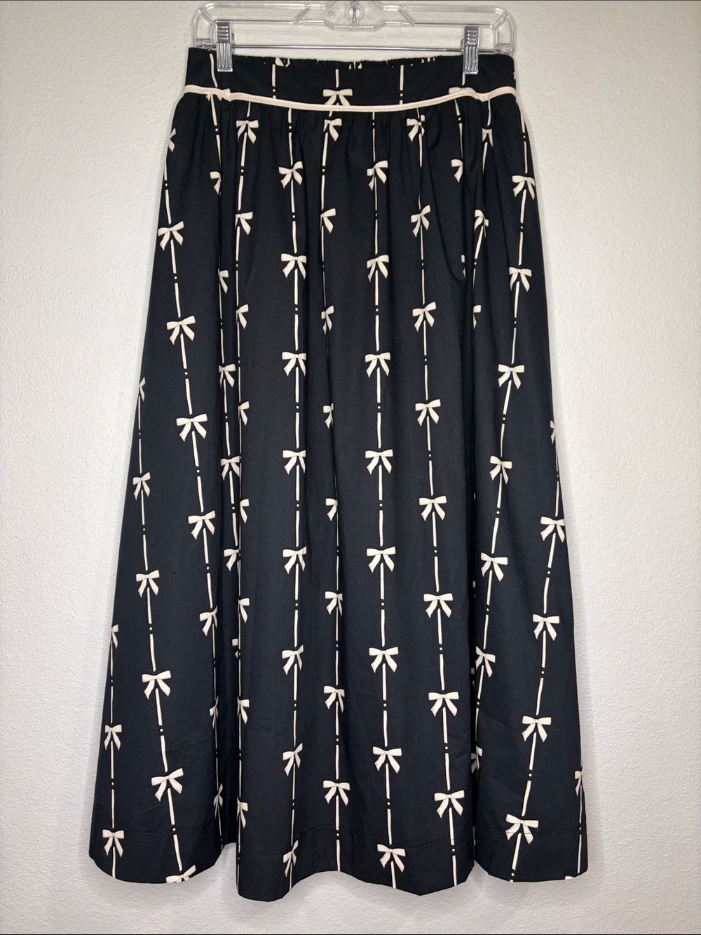 NWT Pinch bow ribbon print cotton full midi skirt elastic back side zip black M